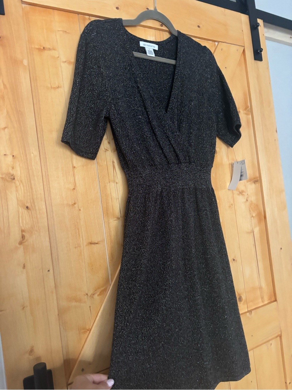 NWT Liz Claiborne Black Gold Lurex Metallic Faux‎ Wrap Sweater Dress Size Large